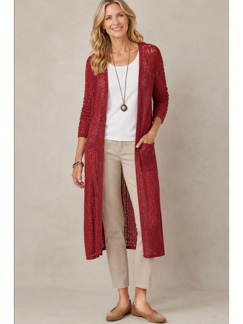 J.Jill Open Knit Long Line Cardigan Cranberry Crochet Open Front Sweater Women S
